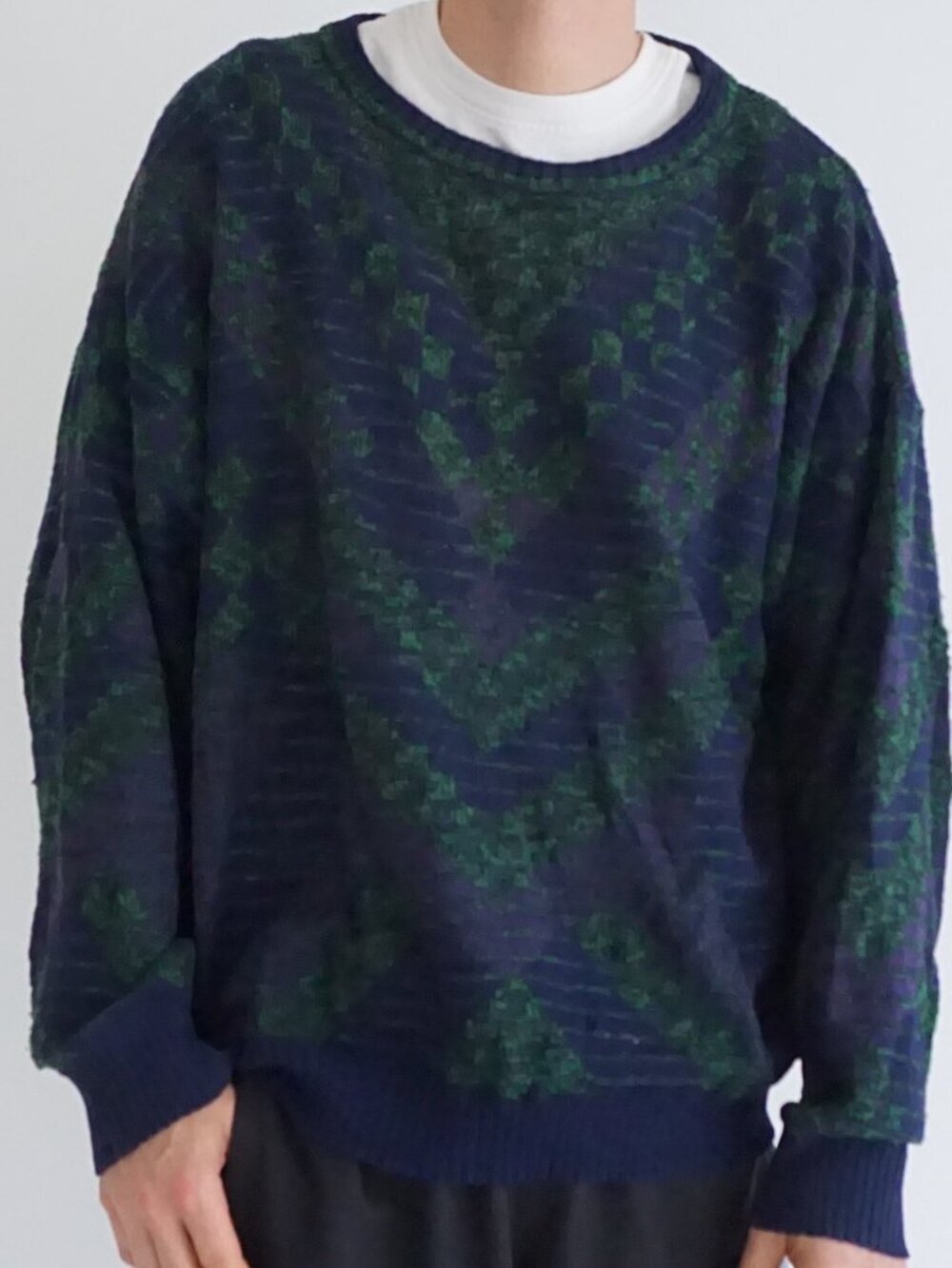 VTG Navy Emerald Green Geometric Pattern Wool Blend Chunky Eclectic Sweater XL